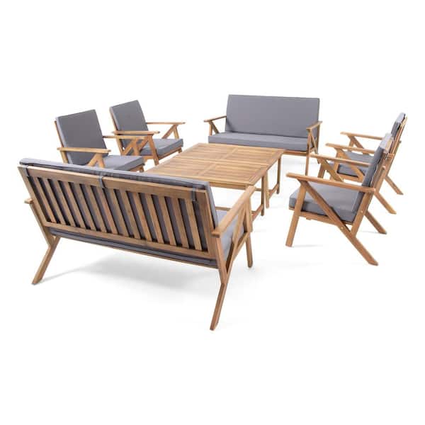 Panama Teak Brown 8-Piece Wood Outdoor Patio Conversation Set with Dark Grey Cushions