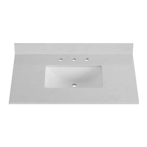 DELUXE DL LIVING 37 in. W. x 22 in. D Bianco Bella Quartz White Rectangular Single Sink Bathroom Vanity Top in White