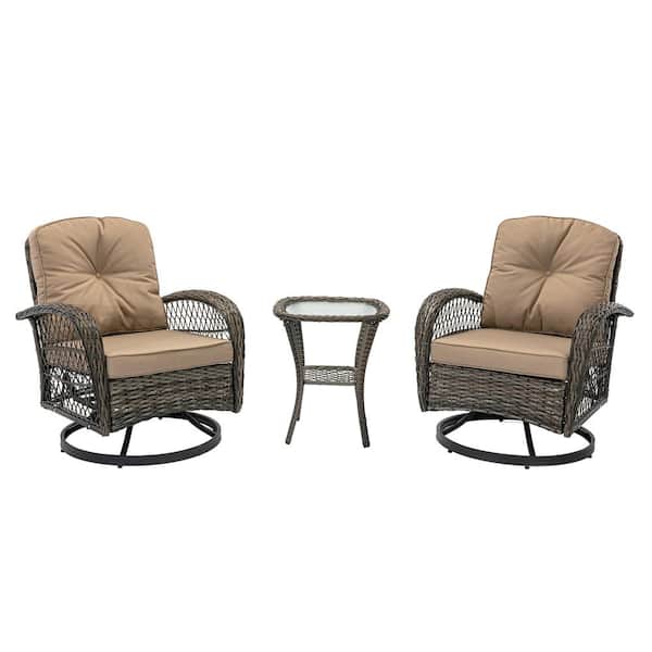 Unbranded Serga 3-Pieces Wicker Patio Furniture Set Outdoor Patio Swivel Chairs with Light Brown Cushions