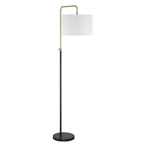 Ingraham 65.5 in. Flat Black/Satin Brass Finish 1-Light Standard Floor Lamp for Home w/ White Linen Shade