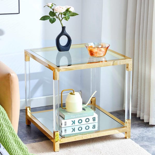 21.65" Clear Square Tempered Glass Coffee Table with Stainless Steel Legs, 2-Tier Center Table for Living Room