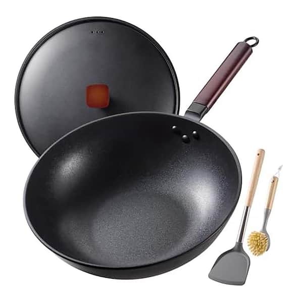 13" Carbon Steel Nonstick Pre-Seasoned Wok Pan, Black Flat Bottom, Induction/Gas/Electric, with Lid, Spatula & Brush