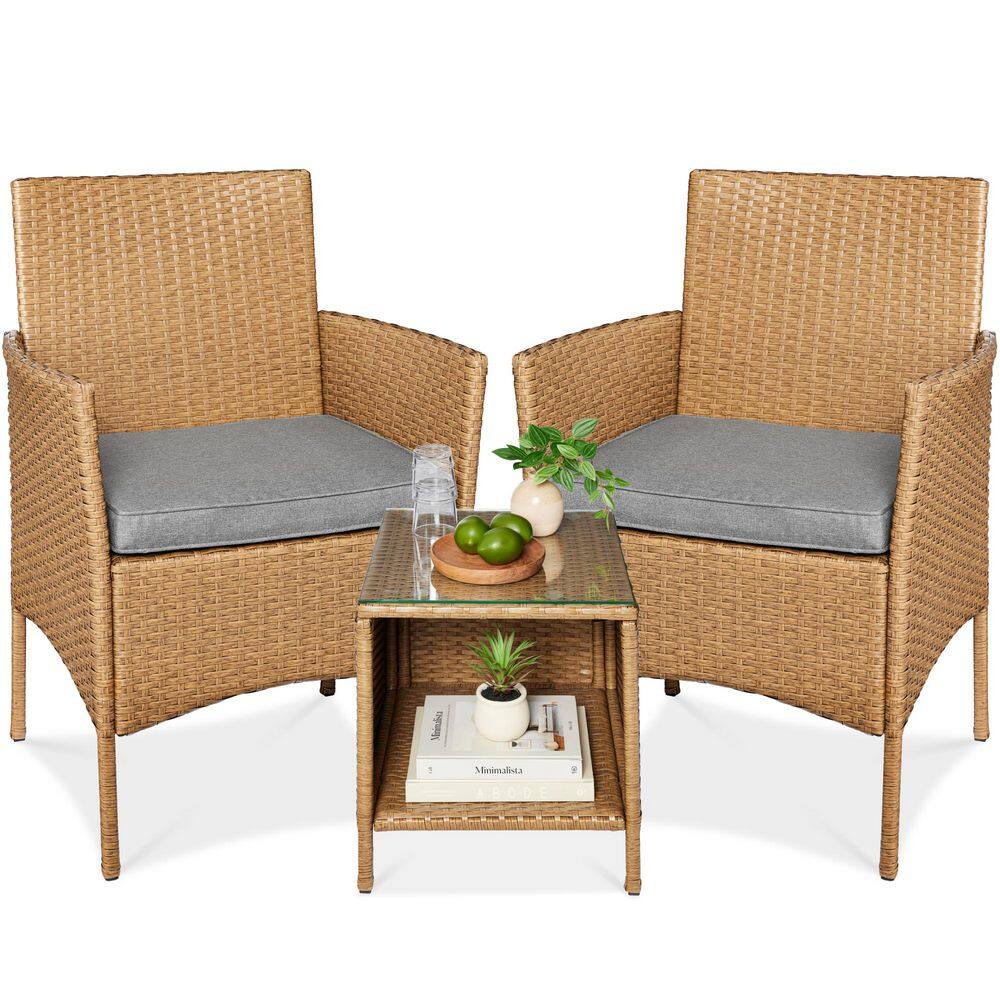 3-Piece Outdoor Wicker Conversation Patio Outdoor Bistro Set, with 2 Chairs, Table, Cushions-Natural/Cement Gray price history on PriceWatchPro