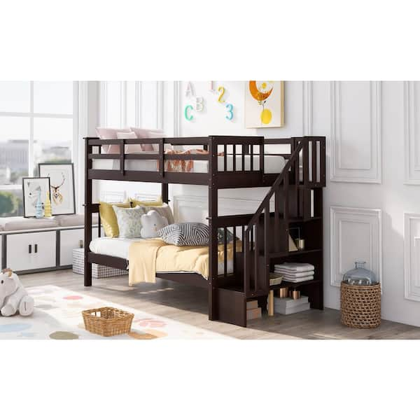 ANBAZAR White Twin Bunk Bed with Stairway, Wood Bunk Bed with Book