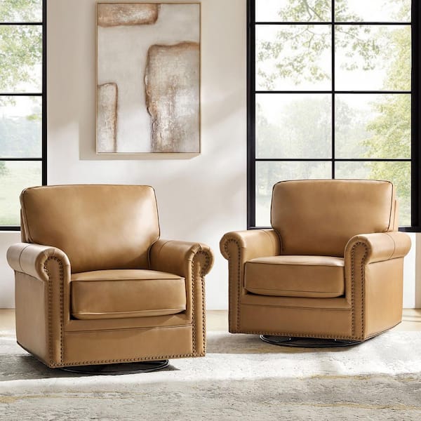 Jacindo Camel Traditional Genuine Leather Swivel Rocking Accent Chair Set of 2 with Nailhead Trims