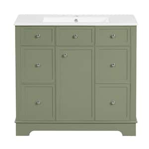 36 in. W Freestanding Single Sink Bath Vanity in Green with White Ceramic Top, Three drawers & One Flip Drawer