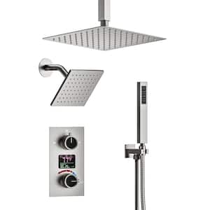 3-Spray 12 and 6 in. Dual Shower Head and Handheld Shower Head with LCD Display in Brushed Nickel(Valve Included)