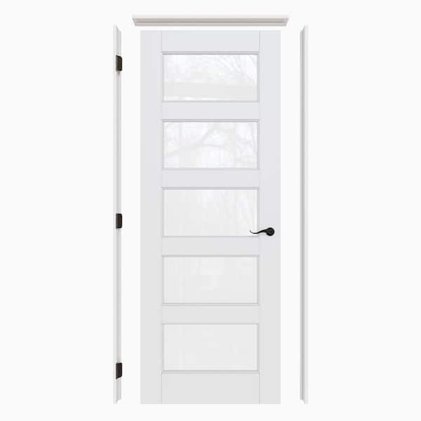 30 in. x 80 in. 5-Lite Clear Glass Right White Solid Core Wood Single Interior Door Kit with Quick Assemble Jamb