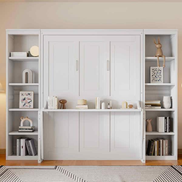 White Wood Frame Queen Size Murphy Bed with Desk and Bookshelf