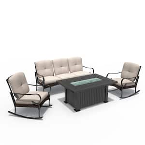 Mesue Black 4-Piece Patio Conversation Sofa Set with Aluminum Fire Pit Table with Beige Cushion