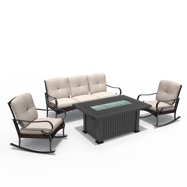 DIRECT WICKER Mesue Black 4-Piece Patio Conversation Sofa Set with Aluminum Fire Pit Table with Beige Cushion