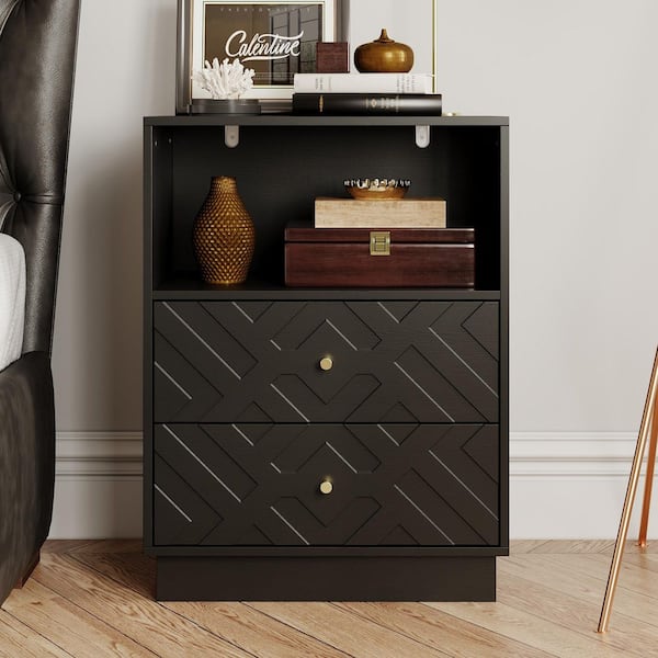 FUFU&GAGA Modern Black 2-Drawer 23.6 in. W Nightstand with Open Shelf, Geometric Pattern, Gold Handles, Stylish Bedroom Storage