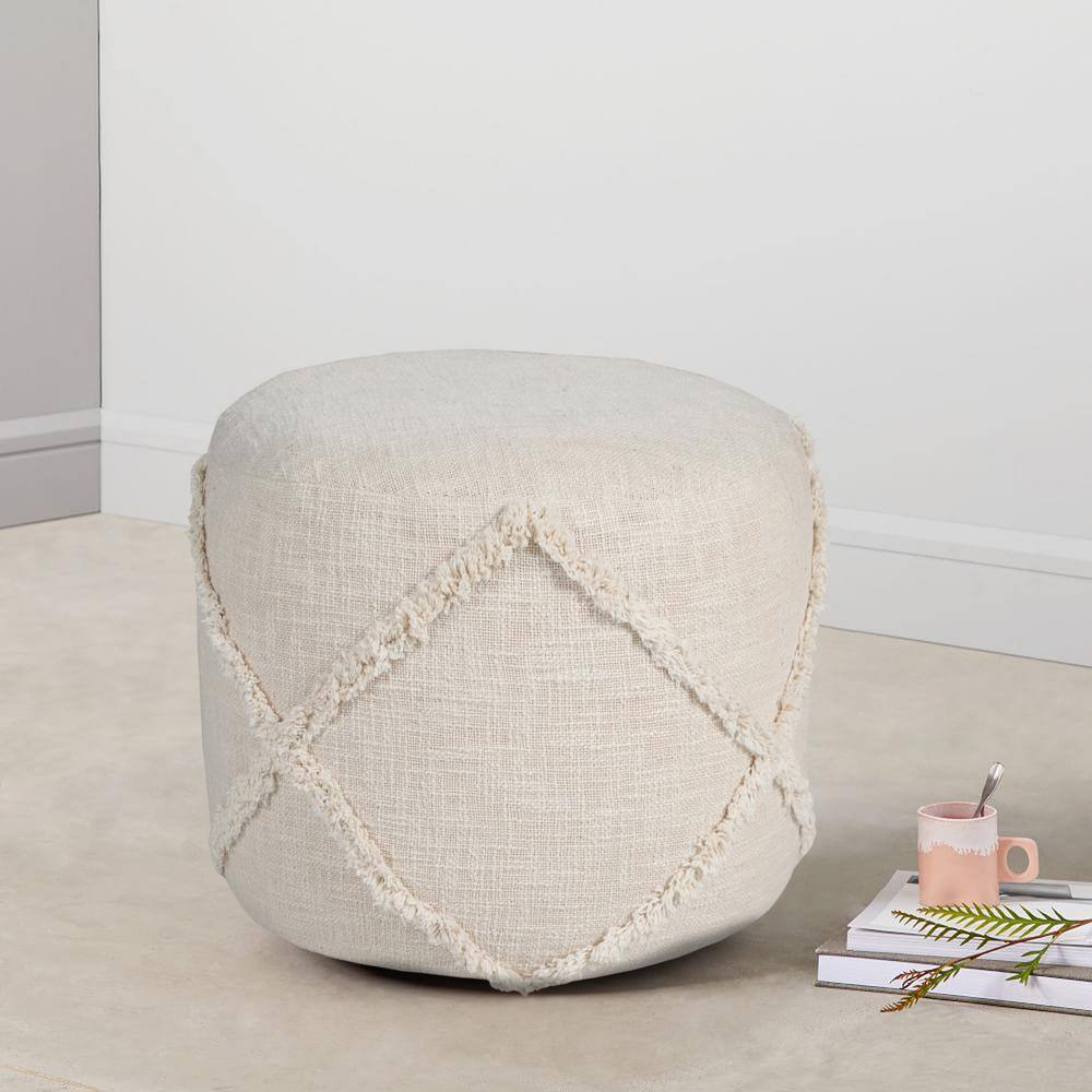 Contemporary Beige Tufted Cotton Round Pouf, 18"x14"