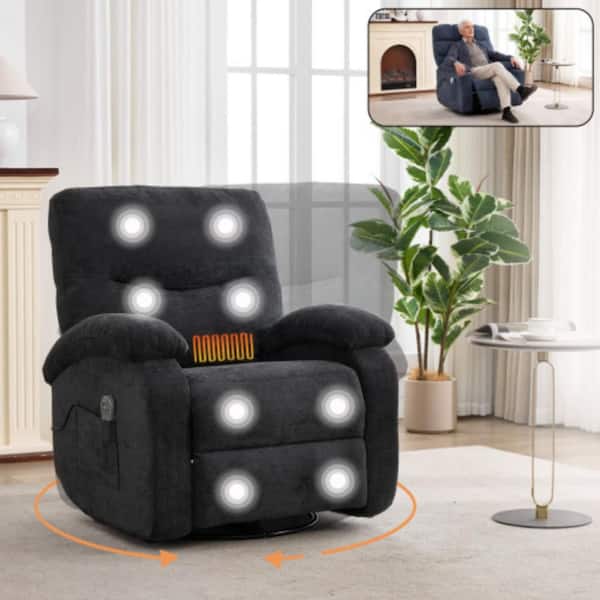 Black 360° Swivel Hot Massage Manual Recliner Chair for Elderly with Rocker Arms and Cup Bucket