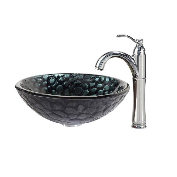 KRAUS Kratos Glass Vessel Sink in Black with Riviera Faucet in Chrome