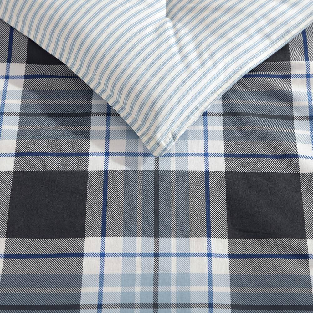 Twin Navy Plaid Cotton Duvet Cover Set with Sham