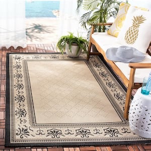 Courtyard Sand/Black 7 ft. x 10 ft. Border Indoor/Outdoor Patio  Area Rug