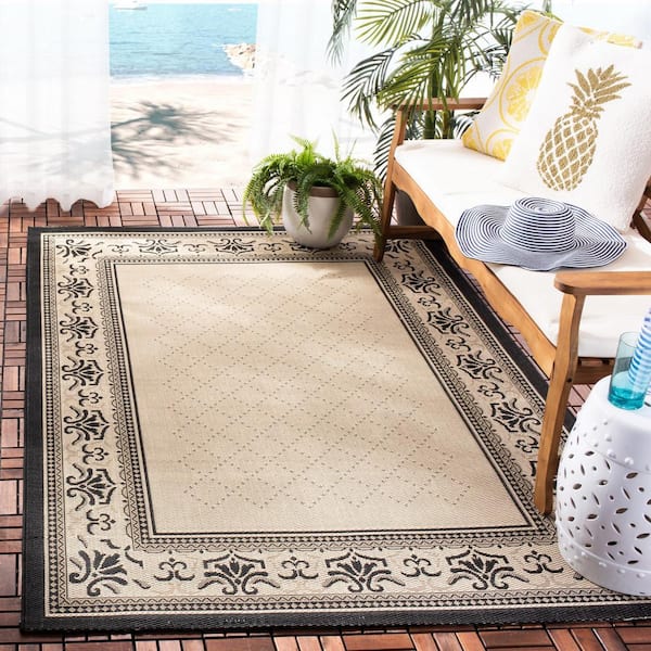 Courtyard Sand/Black 8 ft. x 8 ft. Square Border Indoor/Outdoor Patio  Area Rug