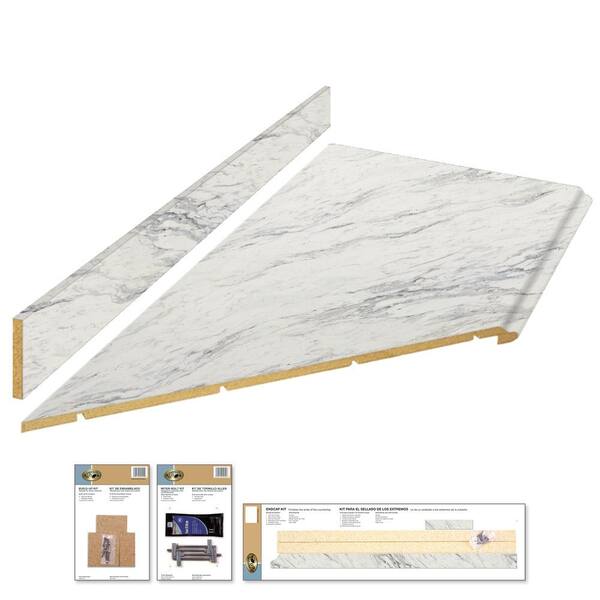 Hampton Bay Wilsonart 8 ft. Left Miter Laminate Countertop Kit Included in Calcutta Marble with Full Wrap Ogee Edge and Backsplash