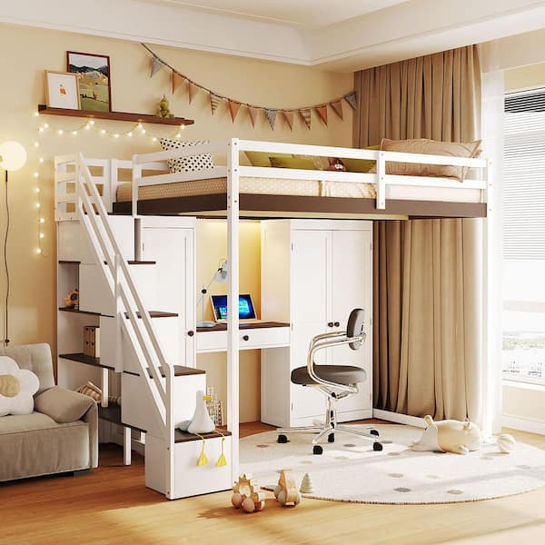 Polibi White Full Wood Loft Bed with Storage Staircase, Mirror and