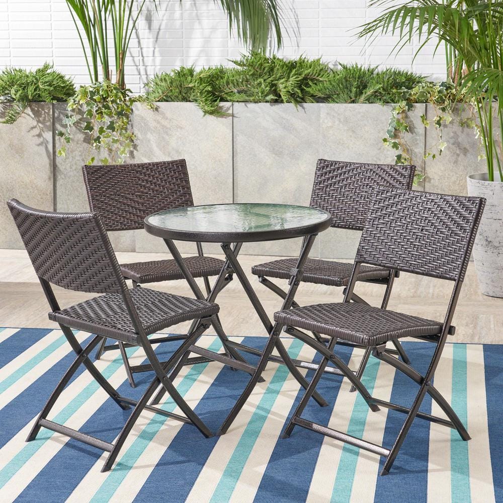 El Paso Multi-Brown 5-Piece Faux Rattan Patio Outdoor Bistro Set -  Noble House, 7905