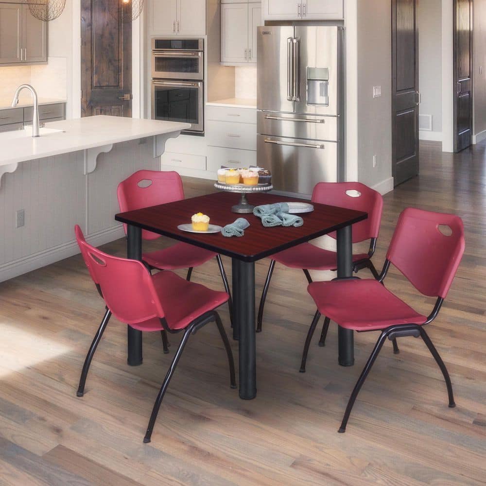 Kee 42 in. Mahogany Top Square Breakroom Table Desk, Black Legs, 4 M Stack Chairs-Burgundy price history on PriceWatchPro