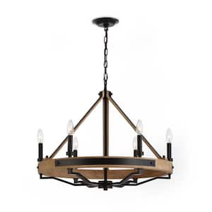 Savannah 6-Light Natural Brown and Matte Black Chandelier - Rustic Farmhouse Round Pendant Chandelier 26 in.