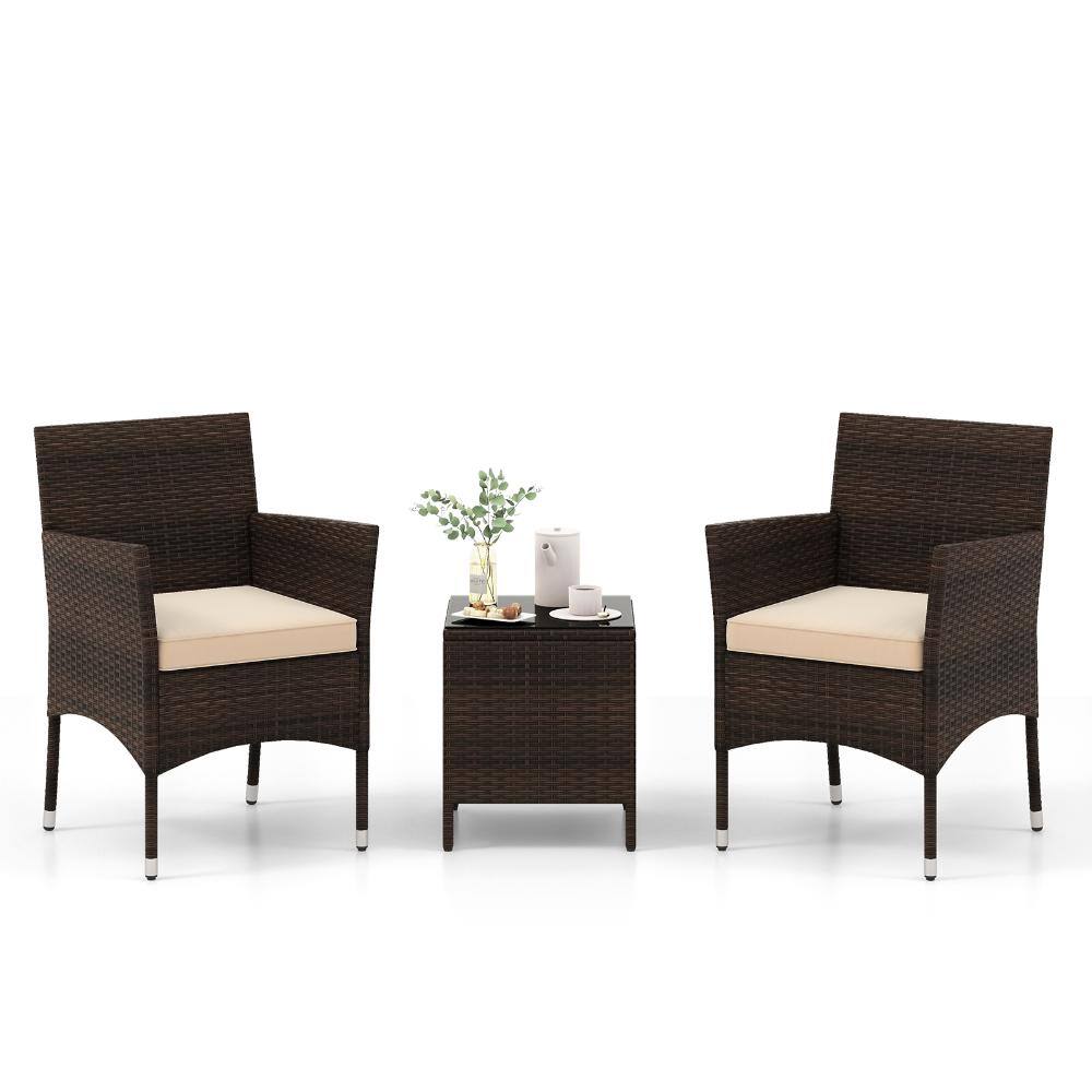 3-Piece Wicker Patio Conversation Set with Beige Cushions, 2 Armchairs and Tempered Glass Coffee Table price history on PriceWatchPro
