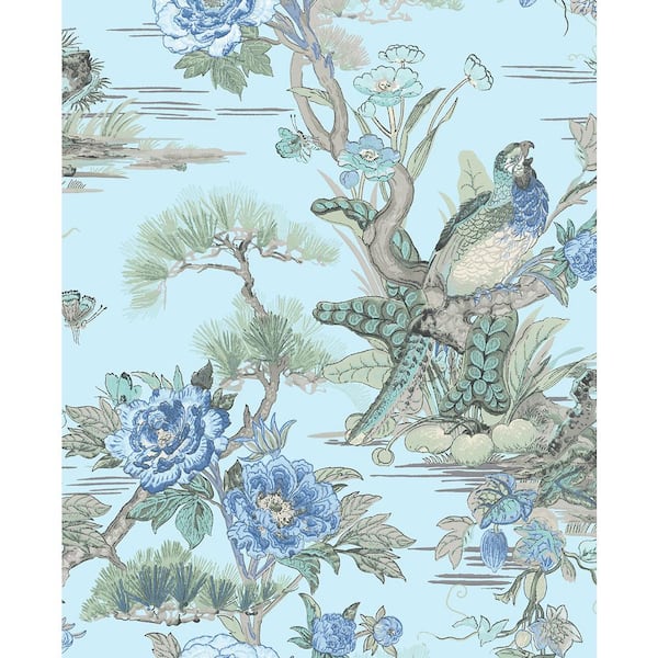 Seabrook Designs 56 sq. ft. Baby Blue & Denim Linden Bird Floral Paper ...