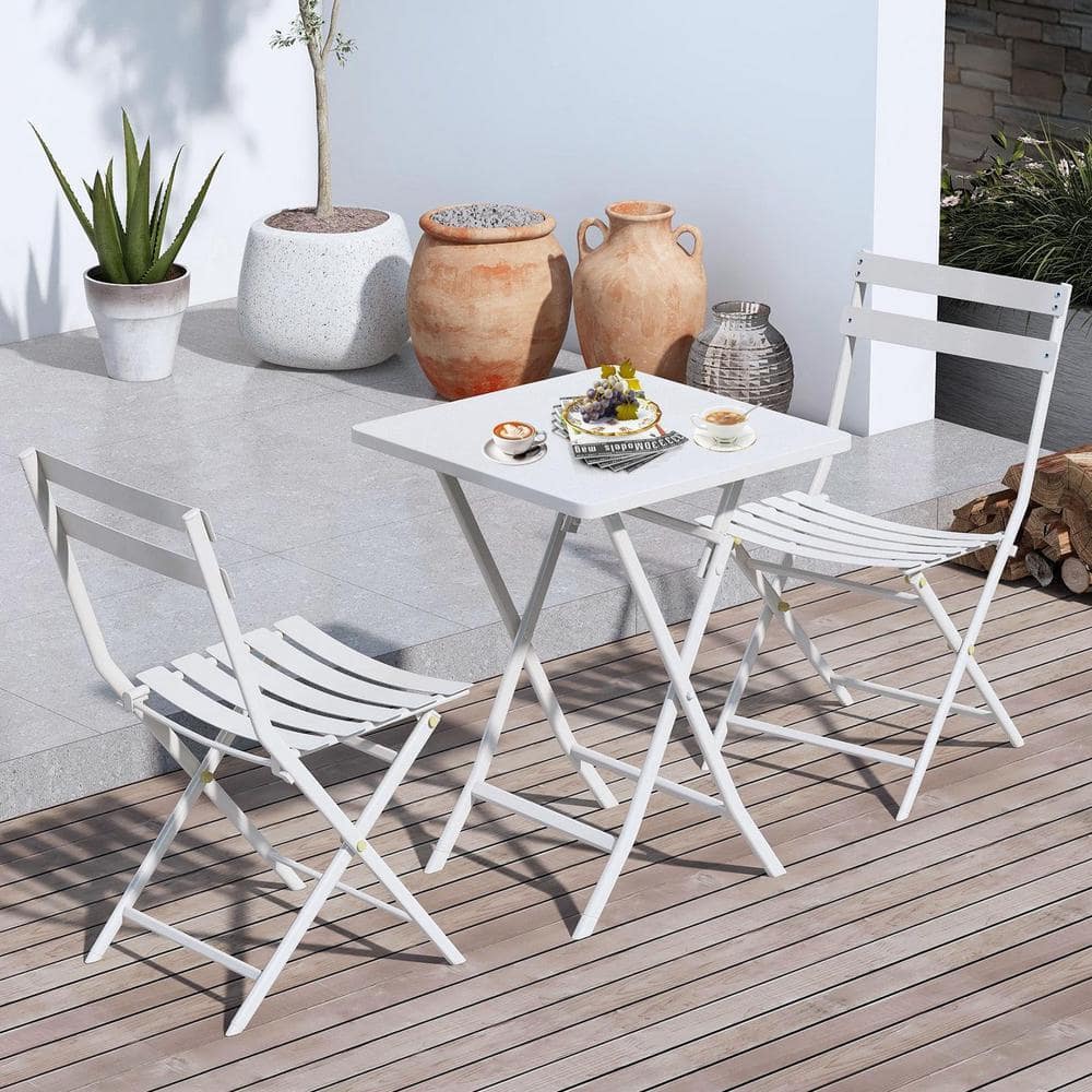 3 PCS Folding Bistro Table Chairs Set Garden Backyard Patio Furniture shops White