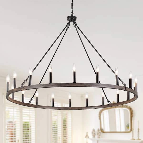 20-Light Natural Farmhouse Candle Style Hanging Wagon Wheel Chandelier Lighting for Kitchen Island