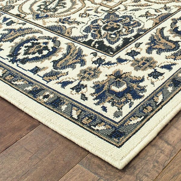 Ivory, Blue 2 ft. x 8 ft. Loomed Oriental Polypropylene Rectangle Indoor/Outdoor Area Rug