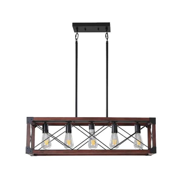 PUDO 31.5 in. 5-Light Farmhouse Walnut Pendant Light for Kitchen with Adjustable Height