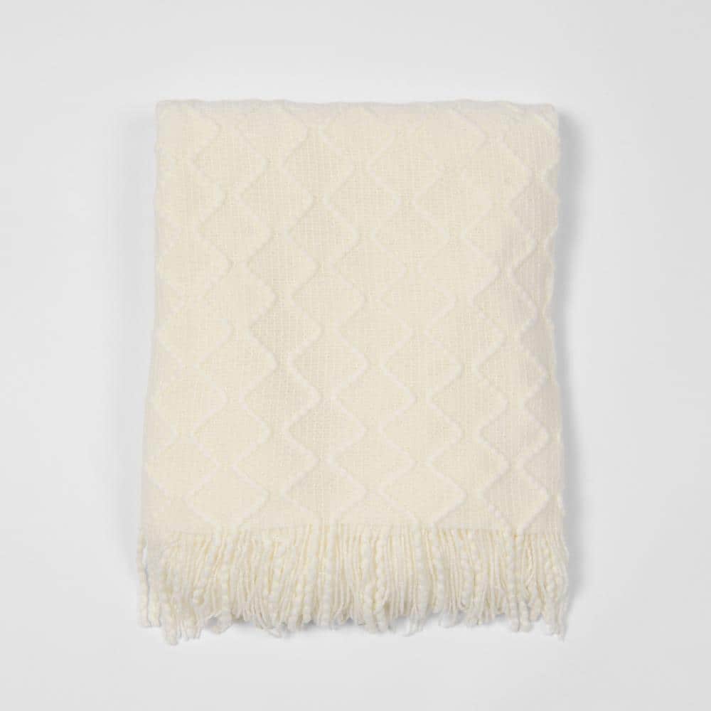 Cozy Ivory Textured Diamond Knitted Throw 50" x 60"