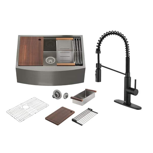 CASAINC 33 in. Farmhouse/Apron-Front Single Bowl 16-Gauge Stainless Steel Workstation Kitchen Sink with Pull Down Kitchen Faucet
