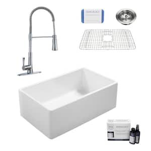 Ward All-in-One Fireclay 33 in. Single Bowl Farmhouse Kitchen Sink with Pfister Chrome Faucet and Drain