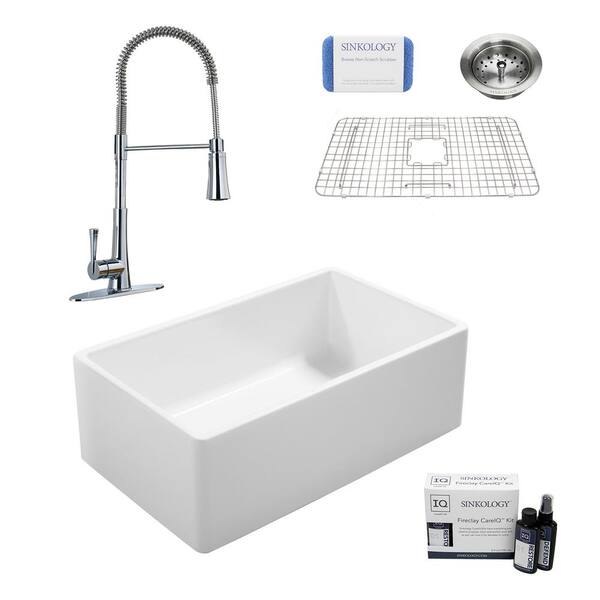 SINKOLOGY Ward All-in-One Fireclay 33 in. Single Bowl Farmhouse Kitchen Sink with Pfister Chrome Faucet and Drain
