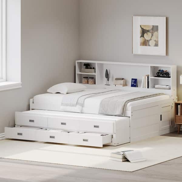 Harper & Bright Designs White Twin Size Wooden Daybed with Trundle, Storage Bookcase Headboard and 3-Drawers