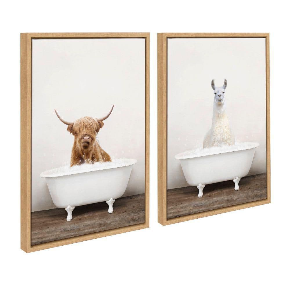 Highland Cow and Llama Bubble Bath Canvas Art Set, 18x24, Natural Wood Frame