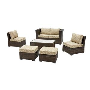 Whitfield 6-Piece Dark Brown Wicker Outdoor Patio Seating Set with CushionGuard Toffee Trellis Tan Cushions
