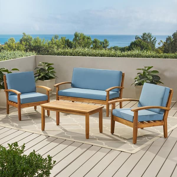 Noble House Galilea Teak Finish 4-Piece Wood Patio Conversation Set with Blue Cushions