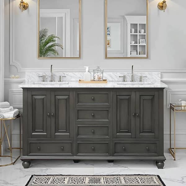 Avanity Thompson 61 in. Double Sink Charcoal Glaze Bath Vanity with Carrara White Marble Top