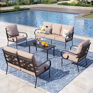 7 Seat 5-Piece Steel Black Metal Outdoor Patio Conversation Set with Beige Cushions, Table with Stripe-Shaped Top