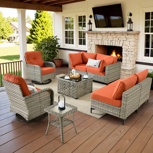 HOOOWOOO Holston 8-Piece Wicker Modern Outdoor Patio Conversation Sofa Sectional Set with Swivel Chairs and Red Cushions
