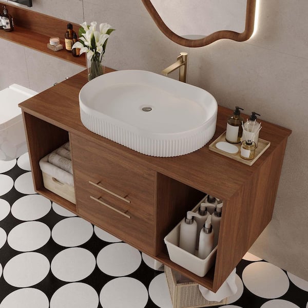 40 in. Single Sink Wall Mounted Walnut Bath Vanity with Walnut Wood Top and Ceramic Vessel Sink Requires Assembly​