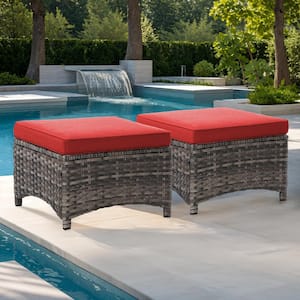 JOYSIDE Wicker Outdoor Patio Ottoman with Red Cushions (Set of 2) M74 ...
