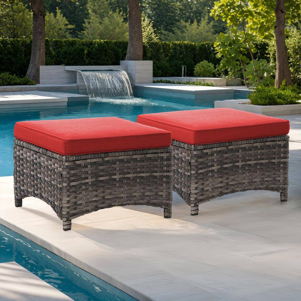 Wicker Outdoor Patio Ottoman with Red Cushions (Set of 2)