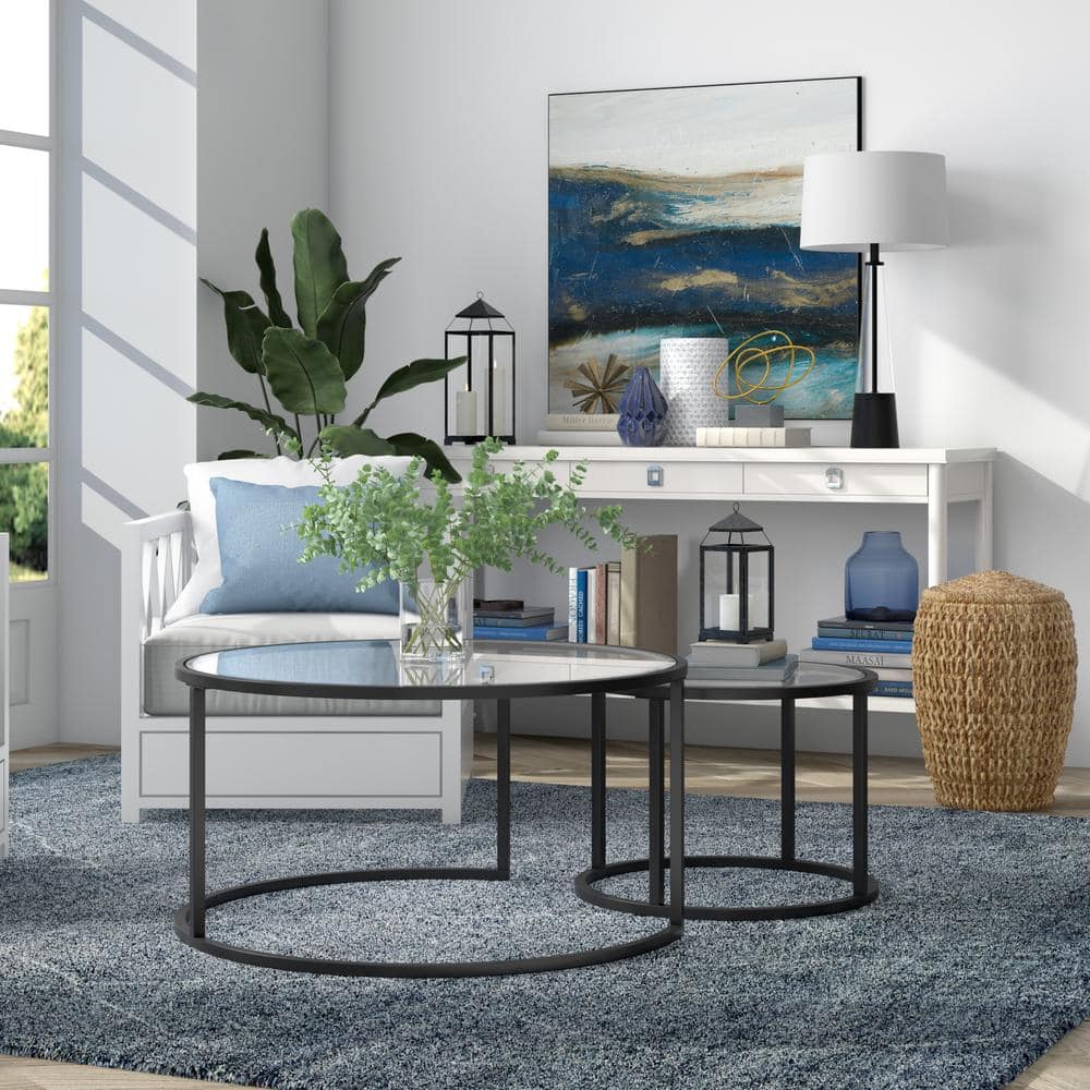 Aurora Blackened Bronze Round Nesting Coffee Table Set with Glass Tops