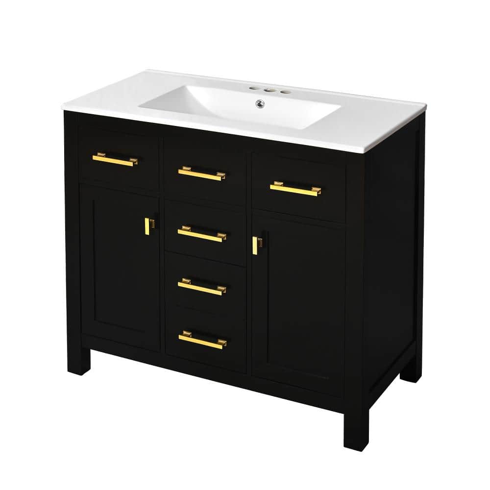 36 in. Freestanding Solid Wood Bathroom Vanity in Black with Glossy White Ceramic Top price history on PriceWatchPro