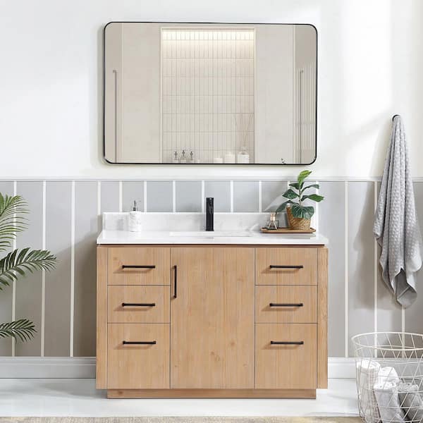 San 48 in.W x 22 in.D x 33.8 in.H Single Sink Bath Vanity in Fir Wood Brown with White Composite Stone Top